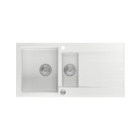 Lavello EVAN 156 GraniteQ con sifone Push To Open 1,5 vasche senza (1000x500x210; mobile 420x480) bianco neve / elementi acciaio