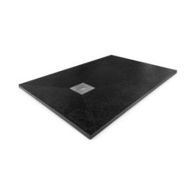 Piatto doccia slim ultraleggero ALUX Fiberx, 80x80 cm, nero, struttura pietra, con griglia in acciaio inox