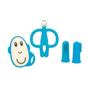 Set di 3 giocattoli per la dentizione, Anelli per gengive e spazzolino per le dita, Matchstick Monkey, antibatterico, blu