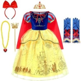 Costume di Carnevale per bambina Biancaneve con mantello, cerchietto con fiocco e accessori, colore blu, 5-6 anni