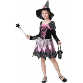 Costume da strega per bambini, Willheoy, set da 4 pezzi - Vestito, cappello, bacchetta magica e borsa, vestito cosplay per ragazze, Halloween, festa, ballo in maschera, taglia XL (130 - 140 cm), rosa/nero