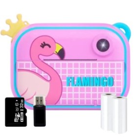 Fotocamera digitale per bambini, Flamingo, WiFi, bianco e nero, 2,4 pollici, 12Mpx, scheda micro SD 32GB, cavo USB, 2 rotoli di carta termica, Lettore di schede, Adesivi, 5x Pennarelli, Cordino, Rosa/Blu