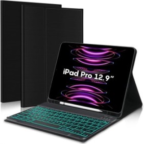 Cover con tastiera illuminata compatibile con iPad Pro 12.9" 2022/2021/2020/2018, CASEY STUDIOS™, tastiera illuminata RGB in 7 colori, wireless, Bluetooth 5.3, angoli regolabili, porta USB-C, cavo Type-C, supporto penna stilo , Nero
