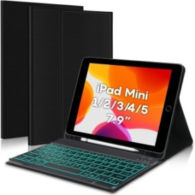 Cover con tastiera illuminata compatibile con iPad Mini 5/4/3/2/1 7.9", CASEY STUDIOS™, tastiera illuminata RGB in 7 colori, wireless, Bluetooth 5.3, angoli regolabili, porta USB-C, cavo Type-C, supporto Penna stilo, nera