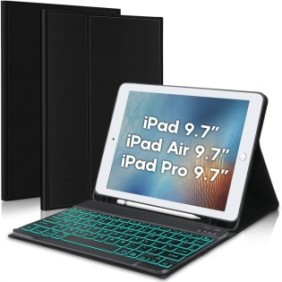 Cover con Tastiera Illuminata compatibile con iPad Pro 9.7"/Air 2/1 9.7", Tastiera Illuminata RGB in 7 Colori, Wireless, Bluetooth 5.3, Angoli Regolabili, Porta USB-C, Cavo Type-C, Supporto Pennino, Nero