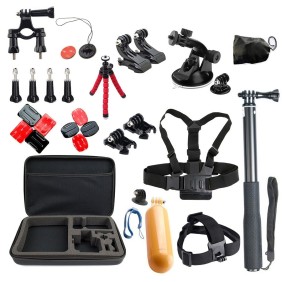 Set di 29 accessori per fotocamere sportive Gopro, ventosa, borsa grande per il trasporto, clip, bastone per selfie, imbracatura toracica, maniglia galleggiante, Xtrems X04
