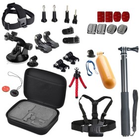 Set di 29 accessori per fotocamere sportive Gopro, ventosa, borsa per il trasporto, clip, bastone per selfie, imbracatura toracica, Xtrems M06