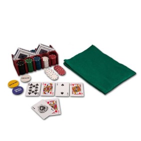 Set da poker con fiches, portafiches, tavolo in tessuto e carte da gioco